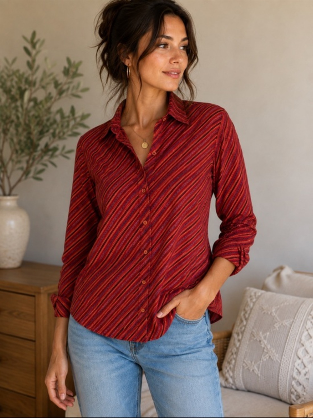 Utopia Red Burgundy Diagonal Striped Button Down Shirt Size M 100% Cotton